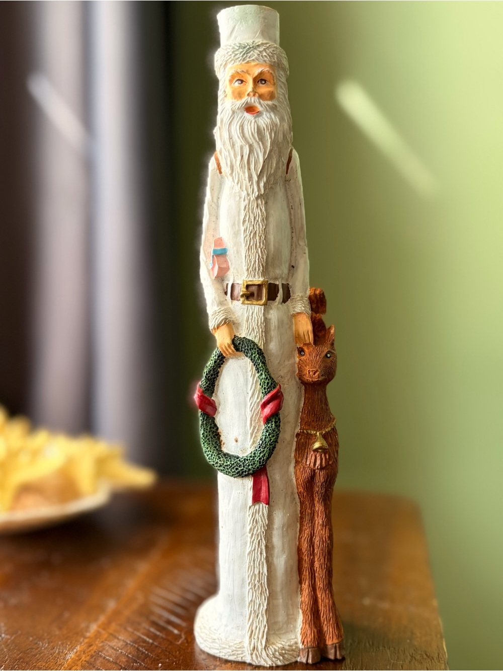White Slender Santa Vintage Candlestick Holder Figurine with Deer & Wreath